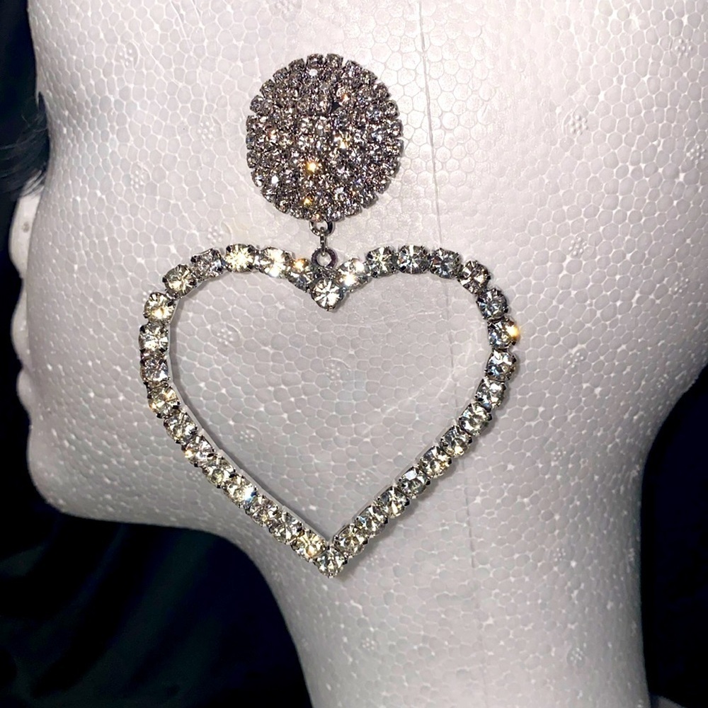 Large Heart Rhinestone Dangle Earrings Sparkly Crystal Statement Drop Dangle - Picture 4 of 7